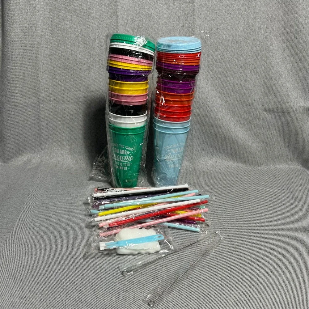 Reusable Plastic Tumblers with Lids and Straws Set Multicolor Awesome 24 Cups